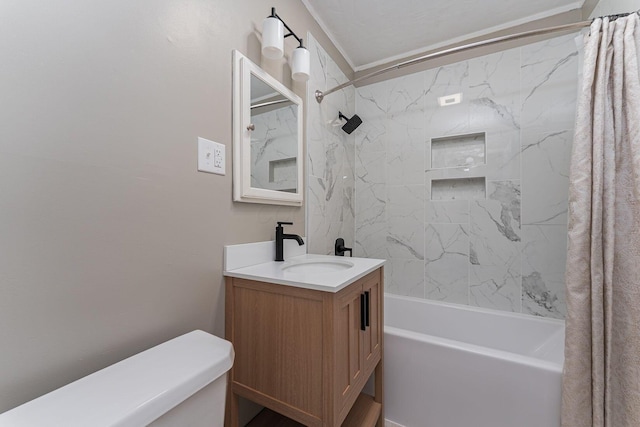 full bath with vanity, toilet, and shower / tub combo with curtain