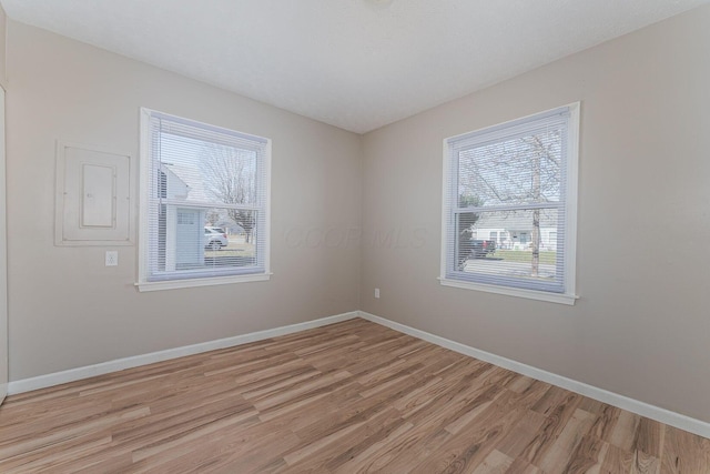 spare room with a healthy amount of sunlight, light wood-type flooring, and baseboards