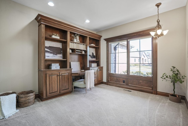 office featuring recessed lighting, visible vents, light carpet, and baseboards