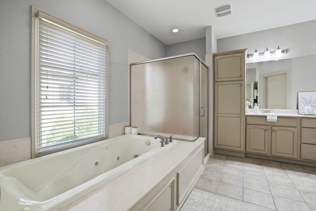 full bath with visible vents, a shower stall, tile patterned floors, a tub with jets, and vanity