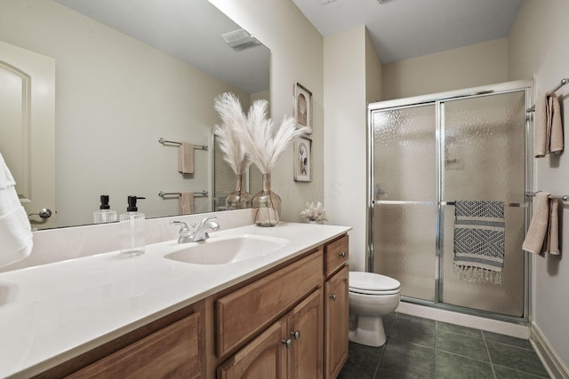 full bathroom featuring tile patterned floors, a stall shower, toilet, and vanity