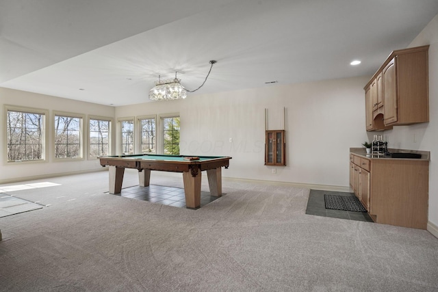 rec room with recessed lighting, baseboards, light colored carpet, and billiards