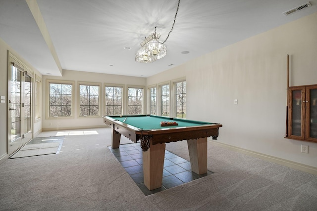 game room featuring visible vents, plenty of natural light, baseboards, and carpet floors