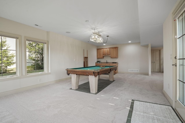 playroom featuring visible vents, light carpet, baseboards, and pool table