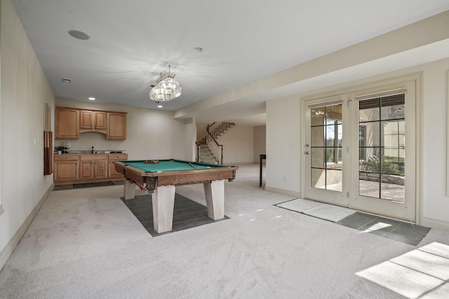 rec room featuring recessed lighting, baseboards, light carpet, and pool table