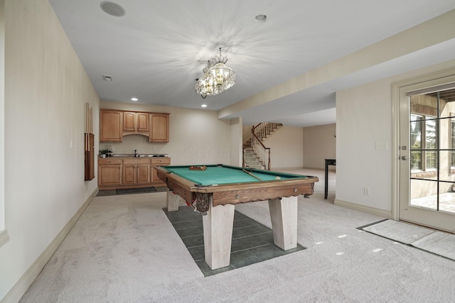 playroom featuring baseboards, light colored carpet, recessed lighting, billiards, and a sink