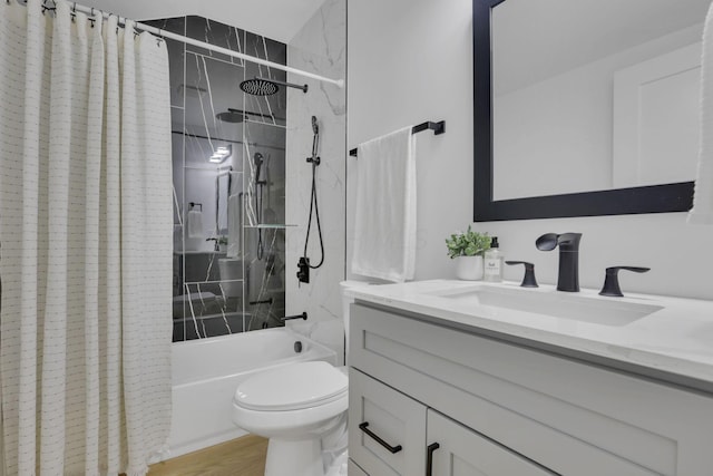 full bathroom with shower / bathtub combination with curtain, toilet, wood finished floors, and vanity