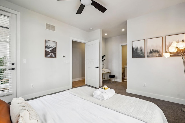 bedroom featuring visible vents, carpet, baseboards, recessed lighting, and a ceiling fan