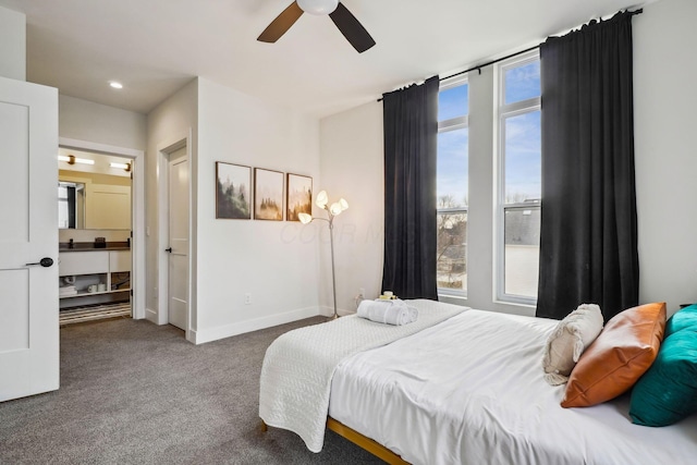 bedroom featuring recessed lighting, baseboards, a ceiling fan, and carpet flooring