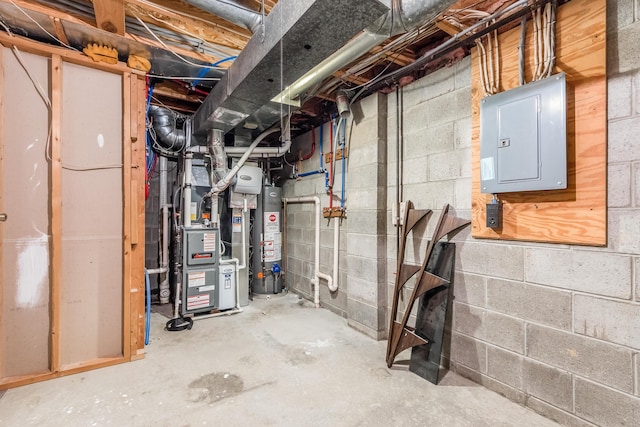 unfinished below grade area featuring heating unit, gas water heater, and electric panel