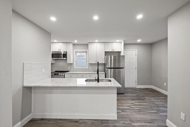 kitchen with a peninsula, a sink, stainless steel appliances, white cabinets, and backsplash