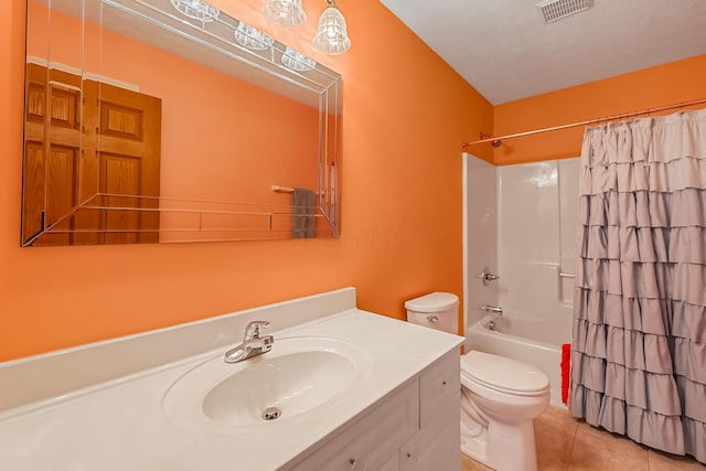 bathroom with tile patterned flooring, visible vents, toilet, shower / bath combination with curtain, and vanity