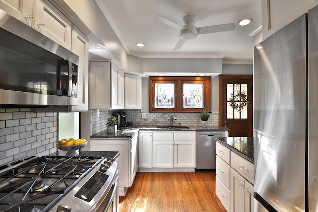 kitchen featuring ornamental molding, a sink, light wood-style floors, appliances with stainless steel finishes, and ceiling fan