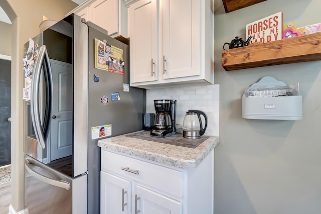 kitchen featuring open shelves, tasteful backsplash, white cabinets, and smart refrigerator