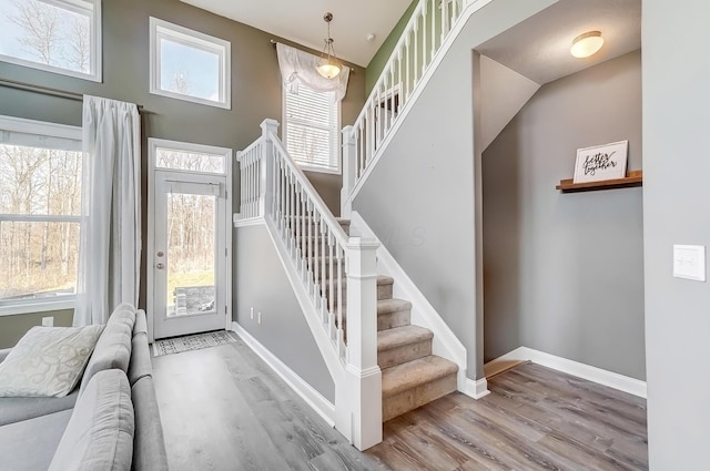 entrance foyer featuring a wealth of natural light, baseboards, and wood finished floors