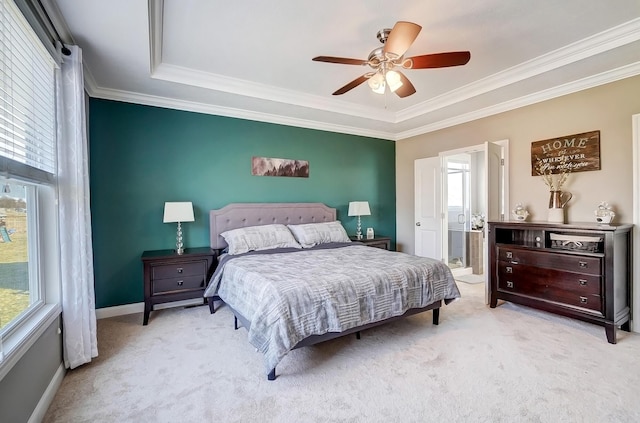 bedroom featuring baseboards, light carpet, a ceiling fan, and crown molding