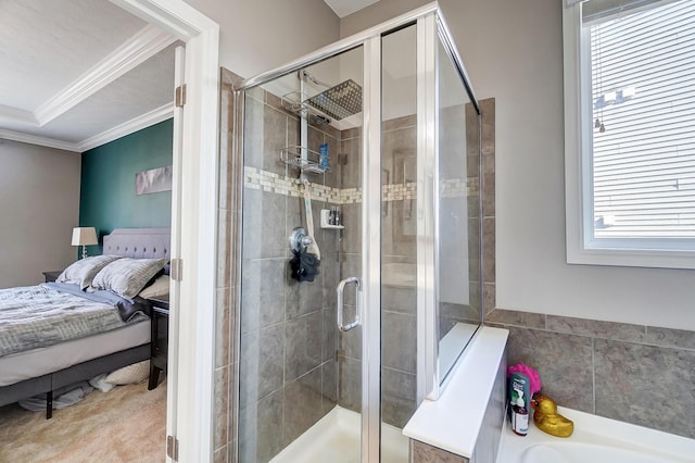 full bath featuring a shower stall, ensuite bath, a garden tub, and ornamental molding