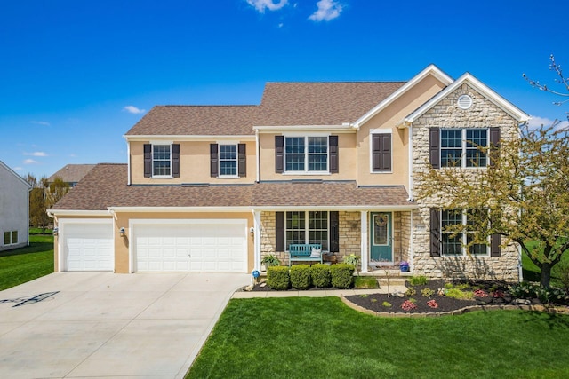 6148 Ryan Woods Way, Hilliard, OH 43026 - traditional home featuring stone siding, a porch, a front lawn, and concrete driveway