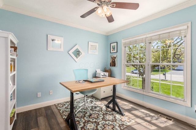 6148 Ryan Woods Way, Hilliard, OH 43026 - home office with wood finished floors, visible vents, baseboards, and ceiling fan