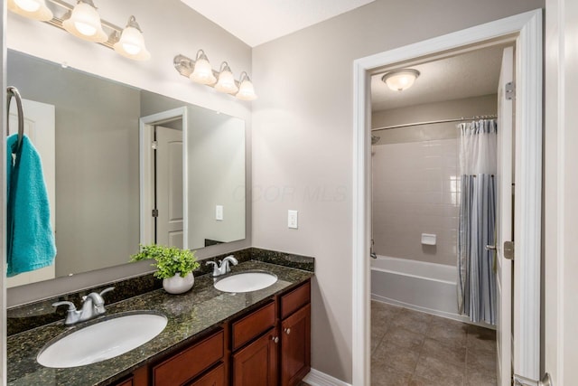 6148 Ryan Woods Way, Hilliard, OH 43026 - bathroom with shower / bath combination with curtain, double vanity, tile patterned flooring, and a sink