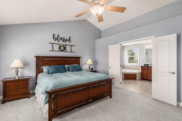 6148 Ryan Woods Way, Hilliard, OH 43026 - bedroom with lofted ceiling, a ceiling fan, light carpet, baseboards, and ensuite bathroom