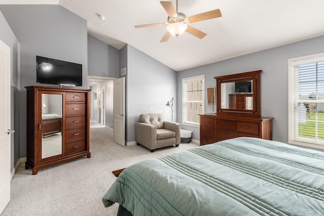 6148 Ryan Woods Way, Hilliard, OH 43026 - bedroom with vaulted ceiling, baseboards, light colored carpet, and a ceiling fan