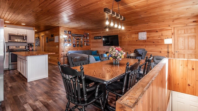 dining area featuring dark wood-type flooring, wood ceiling, and wood walls