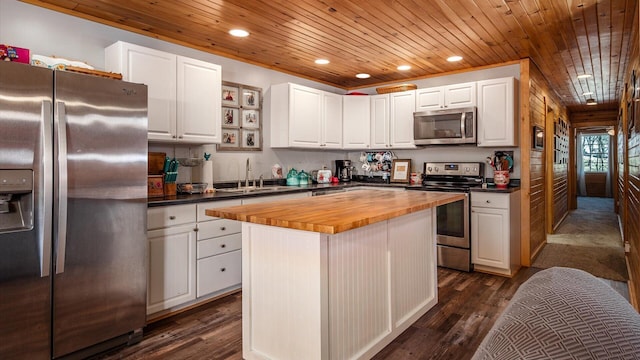 kitchen featuring wood ceiling, butcher block counters, stainless steel appliances, and a sink