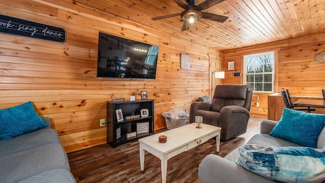 living room with wooden ceiling, wooden walls, wood finished floors, and ceiling fan