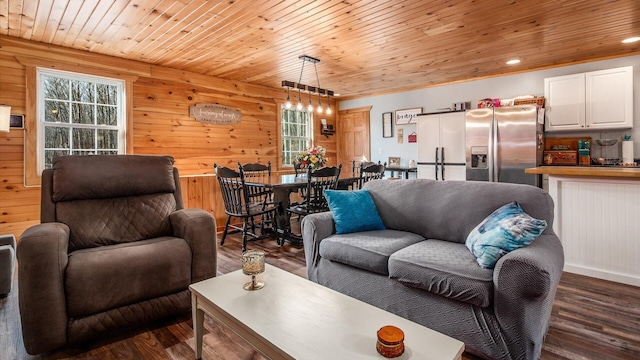 living area featuring wood ceiling and dark wood-type flooring