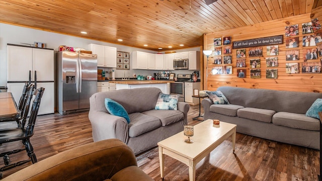 living room with dark wood-style floors, recessed lighting, wooden ceiling, and wood walls