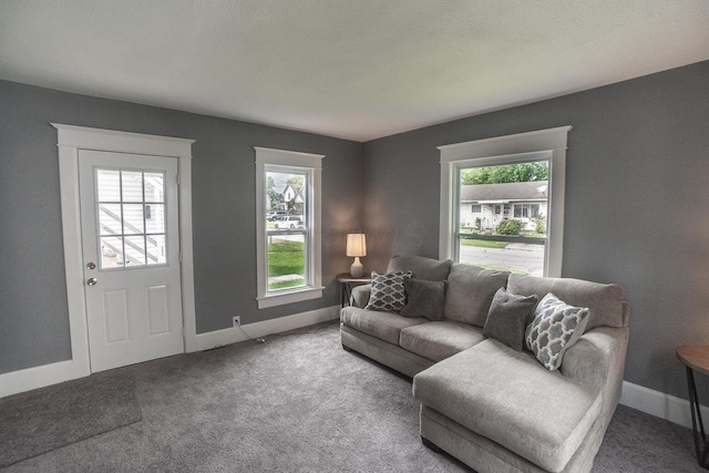 carpeted living area featuring baseboards