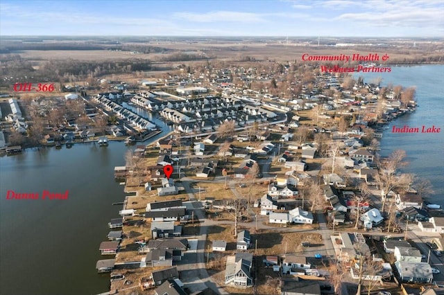 bird's eye view with a water view