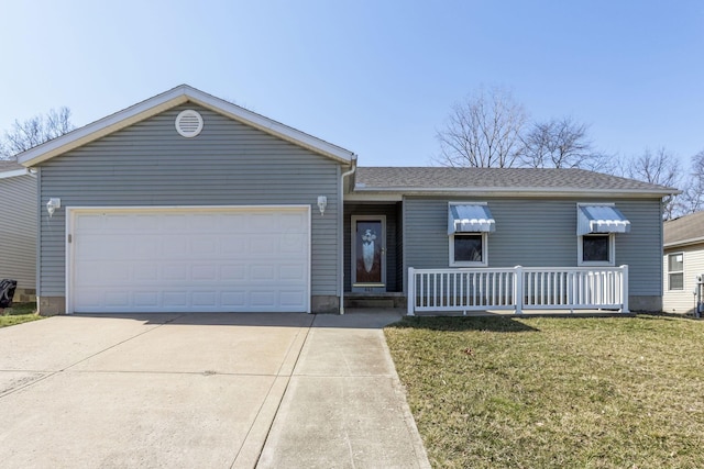 ranch-style home with concrete driveway, a front lawn, and a garage