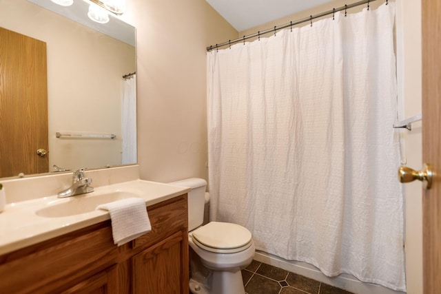 full bath with tile patterned floors, toilet, vanity, and a shower with curtain