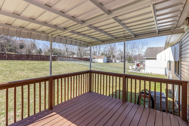 wooden terrace featuring a lawn and a fenced backyard