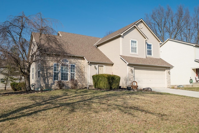 traditional-style home with a front lawn, concrete driveway, roof with shingles, stone siding, and an attached garage