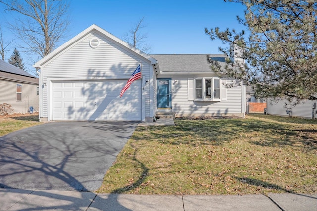 single story home featuring a front yard, an attached garage, driveway, and a shingled roof