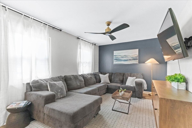 living room featuring ceiling fan