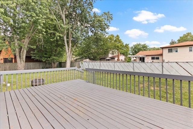 wooden terrace featuring a fenced backyard and a yard