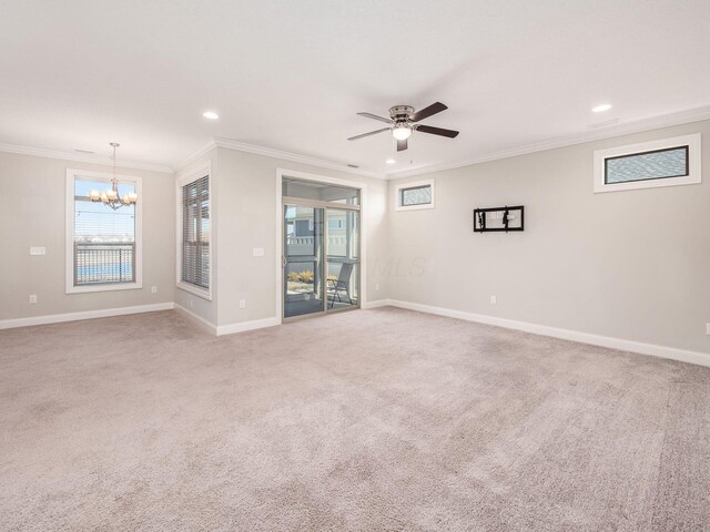5678 Arcadian Ave, Hilliard, OH 43026 - empty room featuring baseboards, light carpet, crown molding, and ceiling fan with notable chandelier