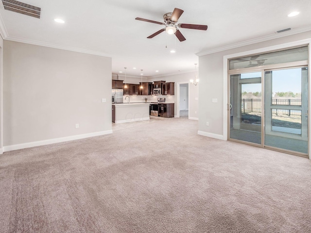 5678 Arcadian Ave, Hilliard, OH 43026 - unfurnished living room featuring baseboards, ornamental molding, visible vents, and ceiling fan