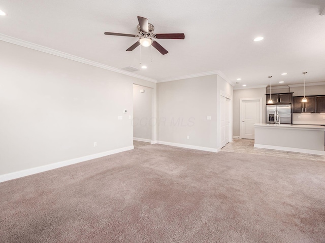 5678 Arcadian Ave, Hilliard, OH 43026 - unfurnished living room with a ceiling fan, light carpet, baseboards, and recessed lighting