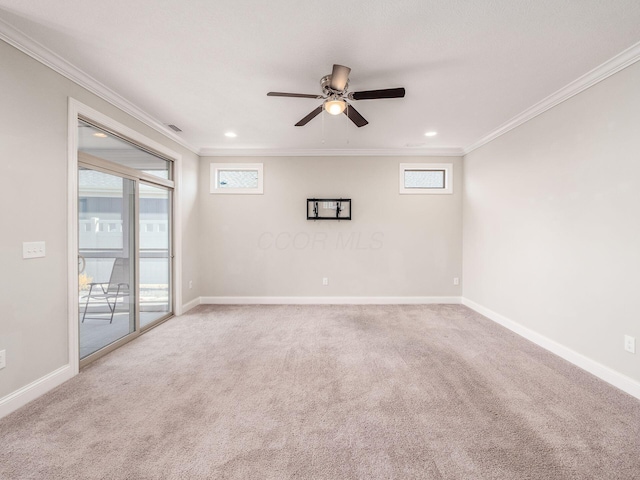 5678 Arcadian Ave, Hilliard, OH 43026 - unfurnished room featuring baseboards, carpet floors, crown molding, and a ceiling fan