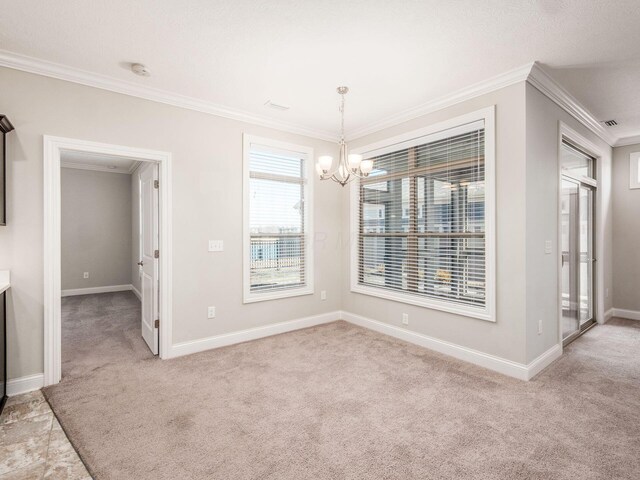 5678 Arcadian Ave, Hilliard, OH 43026 - unfurnished dining area with baseboards, ornamental molding, a notable chandelier, and light carpet