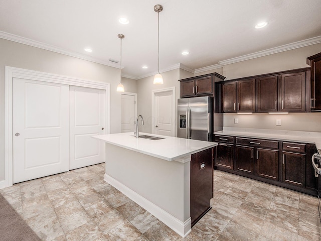 5678 Arcadian Ave, Hilliard, OH 43026 - kitchen featuring dark brown cabinetry, light countertops, a sink, and stainless steel refrigerator with ice dispenser