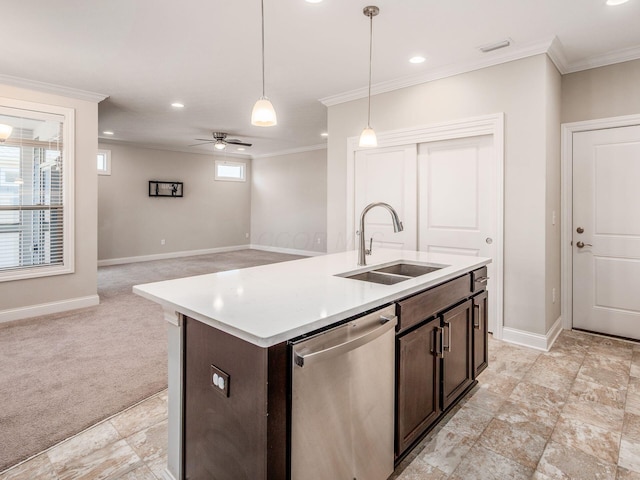5678 Arcadian Ave, Hilliard, OH 43026 - kitchen with a sink, crown molding, dark brown cabinetry, and dishwasher