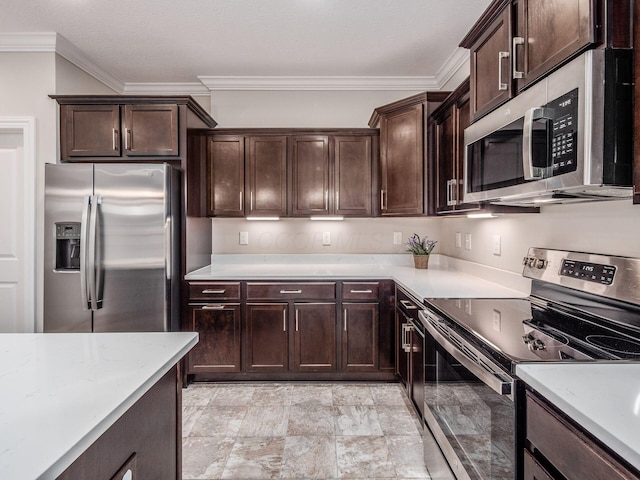 5678 Arcadian Ave, Hilliard, OH 43026 - kitchen with dark brown cabinetry, crown molding, and appliances with stainless steel finishes