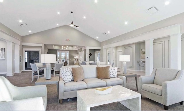 5678 Arcadian Ave, Hilliard, OH 43026 - living area featuring decorative columns, high vaulted ceiling, baseboards, and recessed lighting