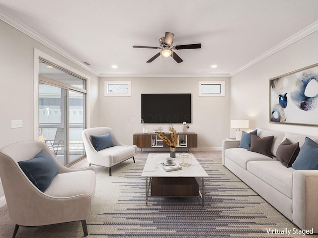 5678 Arcadian Ave, Hilliard, OH 43026 - living area with carpet floors, crown molding, baseboards, and ceiling fan